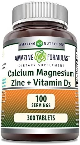 Amazing Formulas Calcium Magnesium Zinc D3 - 300 Tablets Per Bottle Supplement (Calcium 1000mg - Magnesium 400mg - Zinc 25mg Plus Vitamin D3 600 IU - Per Serving of 3 Tablets)